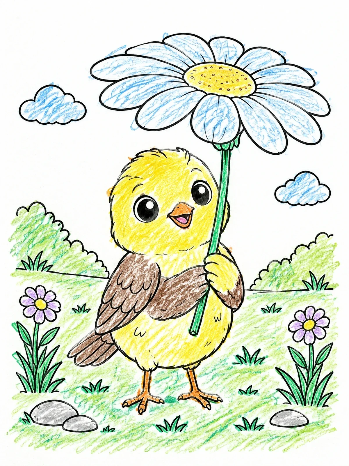 Colored example of the Cute Baby Finch Holding Flower Umbrella coloring page