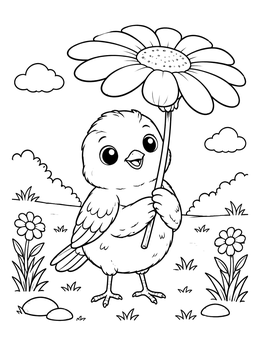 Free printable Cute Baby Finch Holding Flower Umbrella coloring page