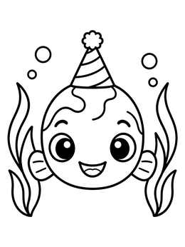Free printable Cute Baby Fish With Party Hat coloring page