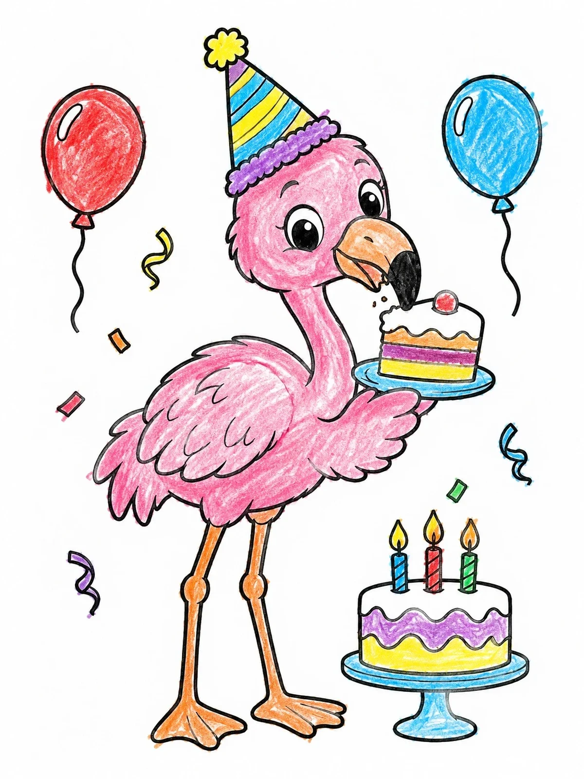 Colored example of the Cute Flamingo Birthday Celebration coloring page