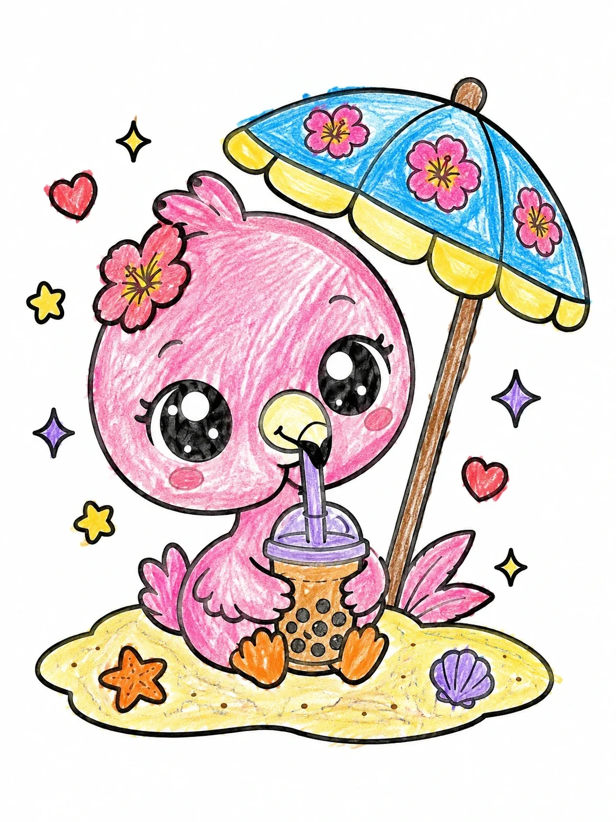 Colored example of the Baby Flamingo Drinking Boba Tea coloring page