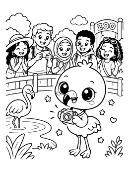 A cute baby flamingo holds a camera in this zoo coloring page while visitors watch.