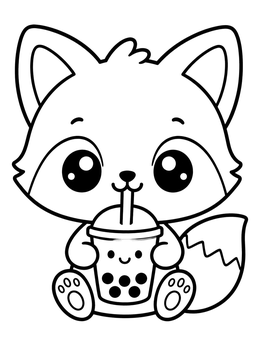 An adorable baby fox coloring page featuring a little fox sipping boba tea.