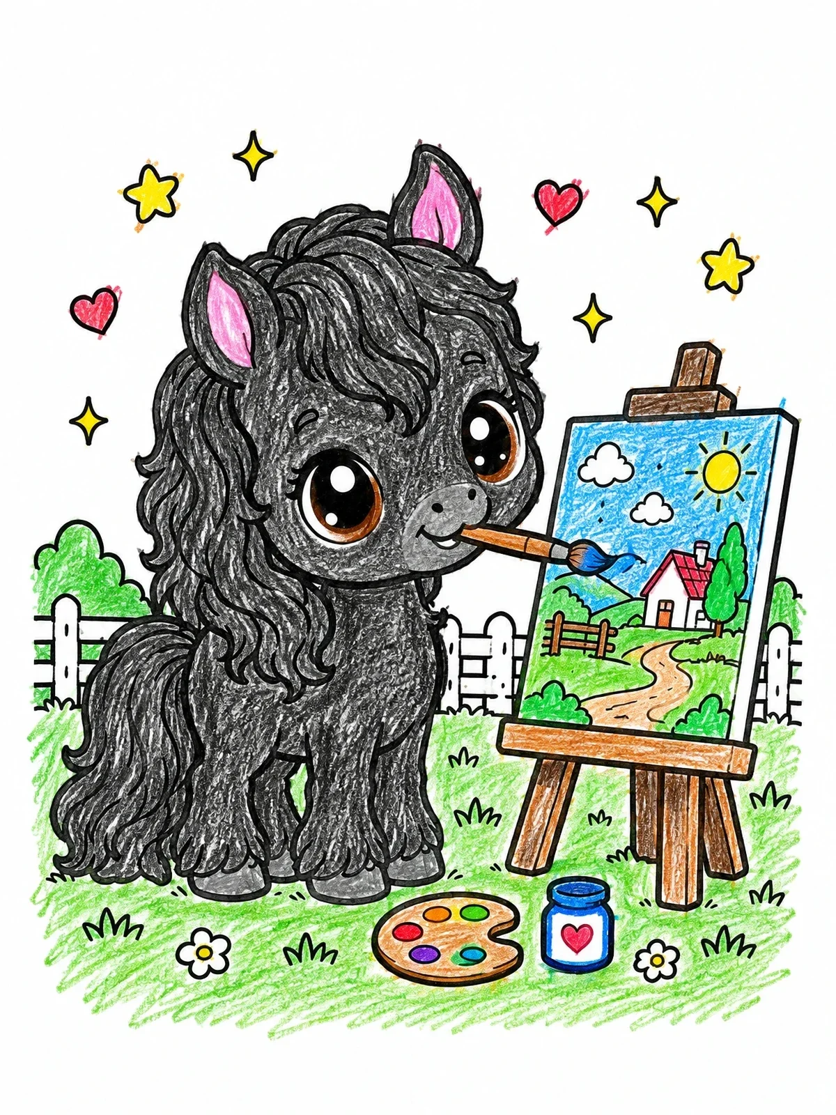 Colored example of the Cute Foal Painting Countryside Landscape coloring page
