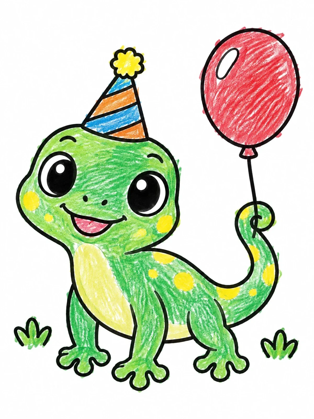 Colored example of the Baby Gecko With Party Hat And Balloon coloring page