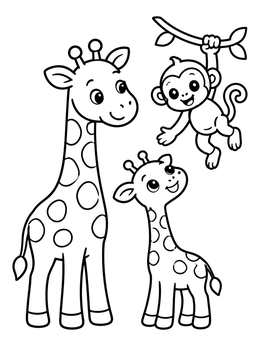 Cute animals in this giraffe coloring page with a baby giraffe and a hanging monkey.