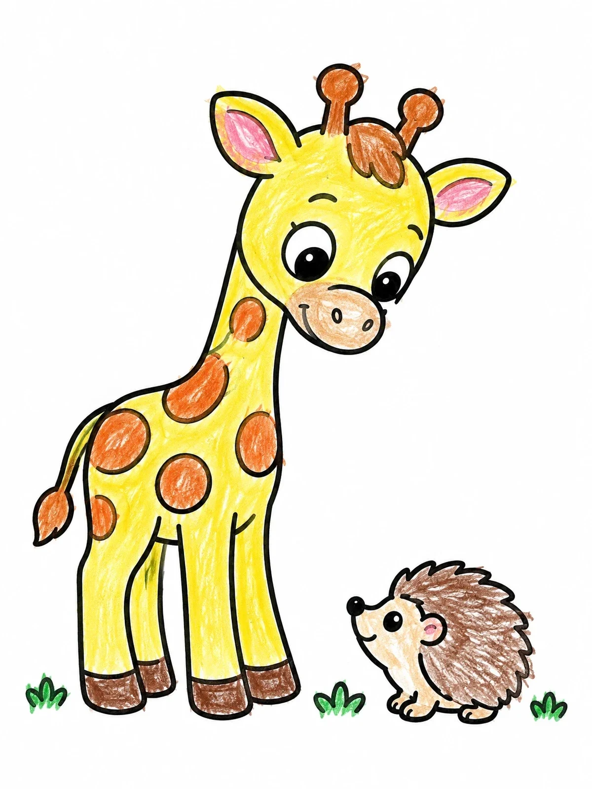 Colored example of the Cute Baby Giraffe And Little Hedgehog coloring page
