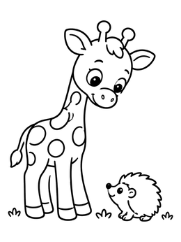 A sweet giraffe coloring page showing a baby giraffe looking down at a cute little hedgehog.