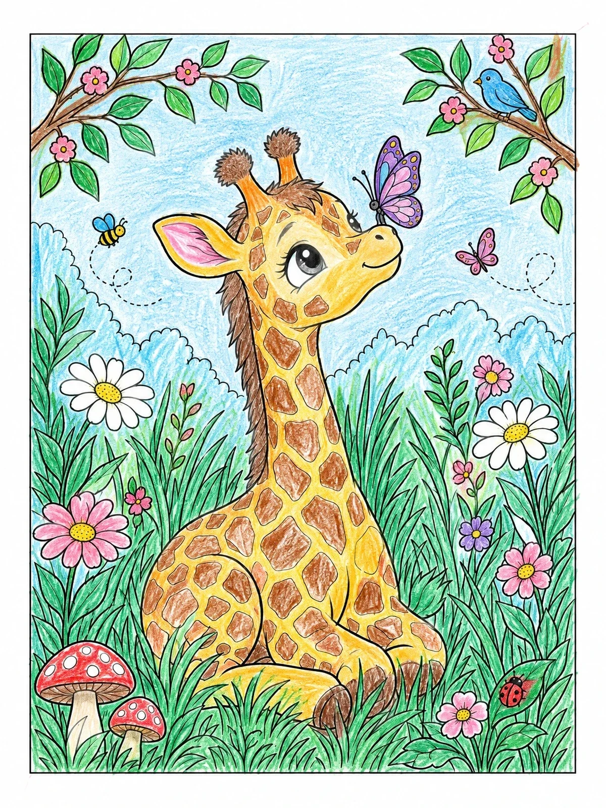Colored example of the Cute Baby Giraffe And Butterfly coloring page
