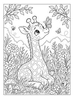 A sweet giraffe coloring page featuring a baby giraffe sitting in a flower garden with butterflies.