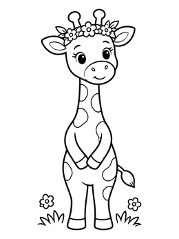 A cute baby giraffe coloring page wearing a delicate flower crown in a meadow.