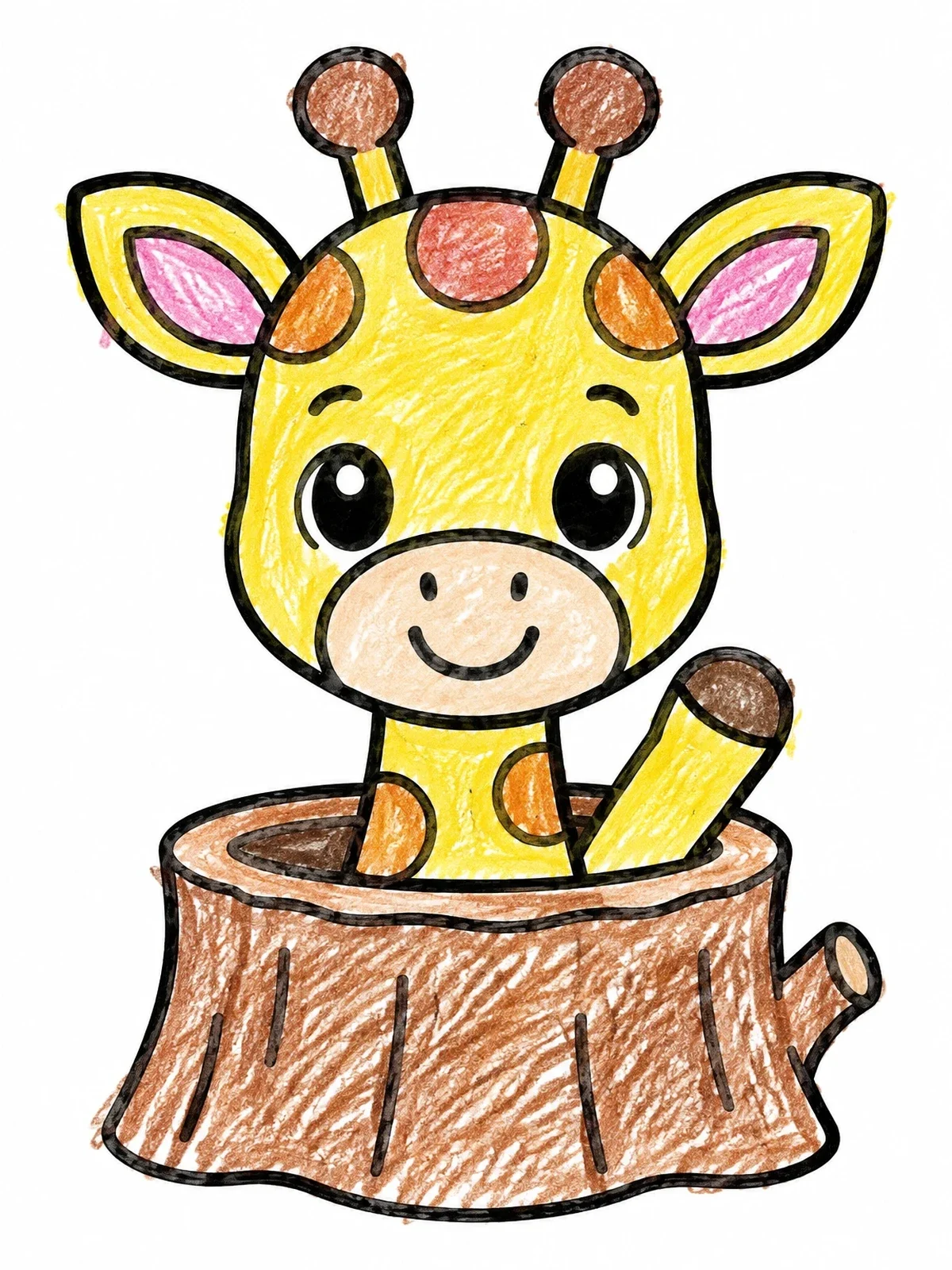 Colored example of the Cute Baby Giraffe In Tree Stump coloring page