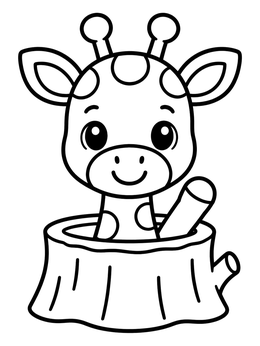 A giraffe coloring page featuring a cute baby giraffe waving from inside a hollow tree stump.