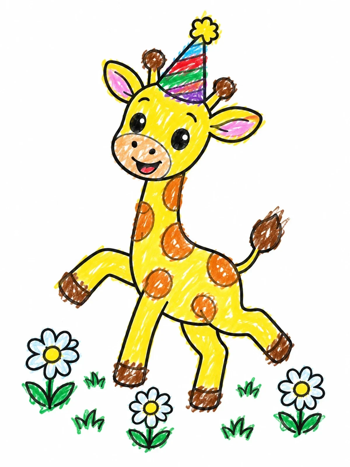 Colored example of the Playful Baby Giraffe With Party Hat coloring page