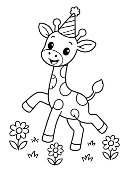 A cheerful baby giraffe coloring page features a cute party hat and daisy flowers.