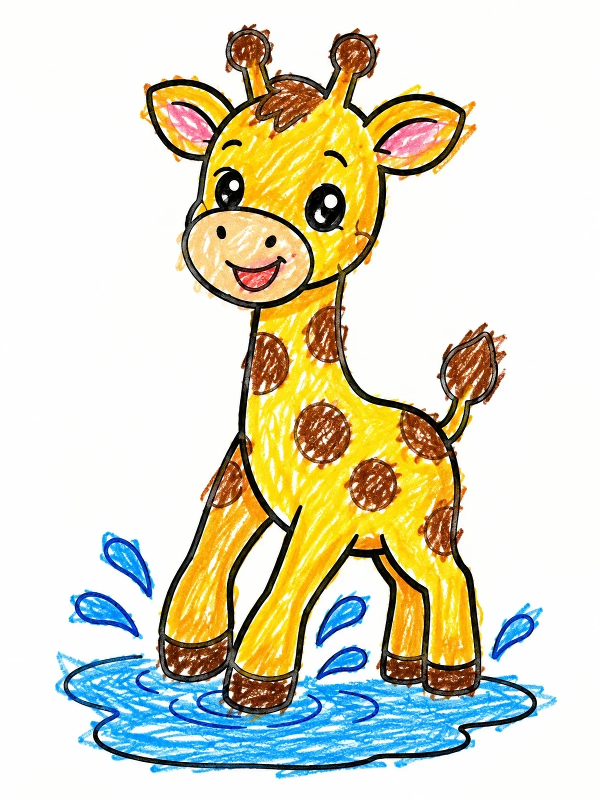 Colored example of the Cute Baby Giraffe Splashing In Puddle coloring page