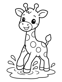 A cheerful baby giraffe coloring page splashing happily inside a water puddle.