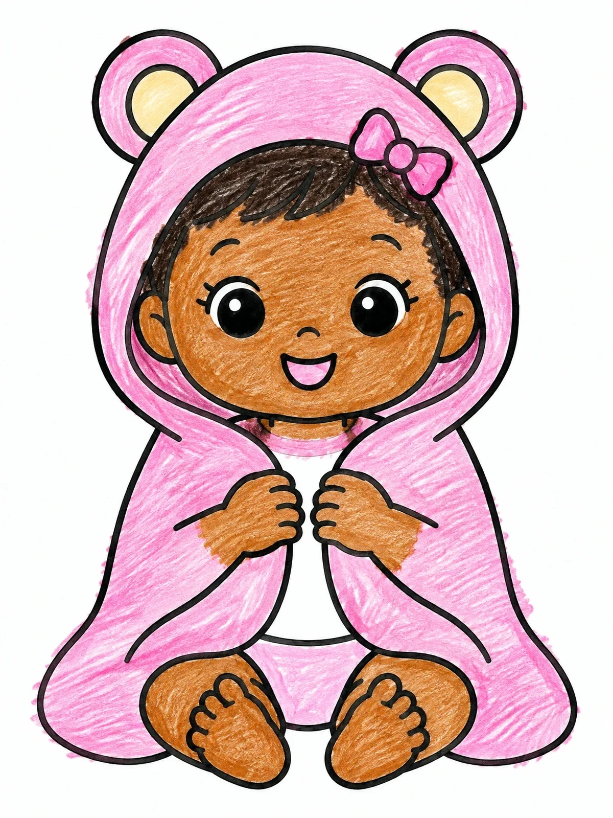 Colored example of the Cute Baby Girl In Bear Towel coloring page