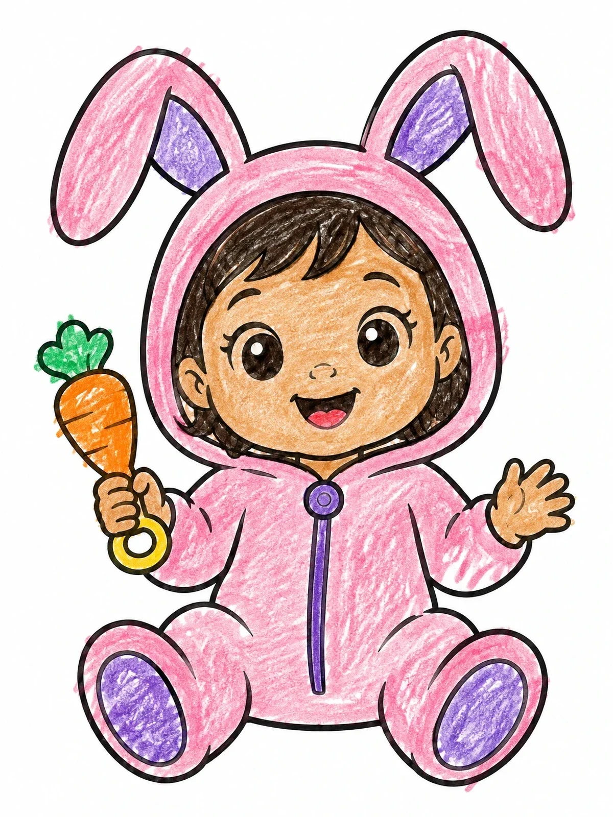 Colored example of the Cute Baby Girl In Bunny Onesie coloring page