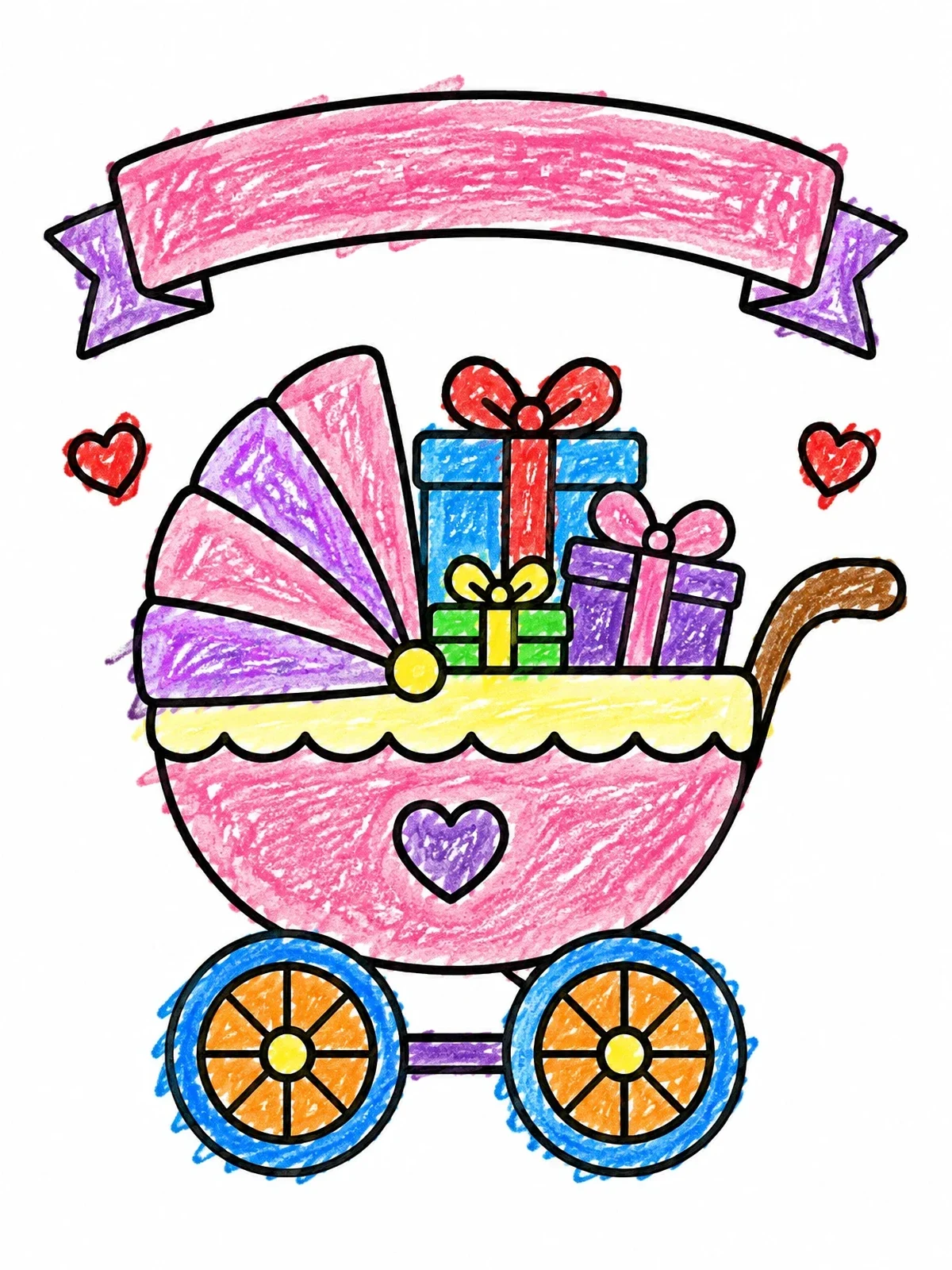 Colored example of the Baby Carriage With Gifts And Banner coloring page