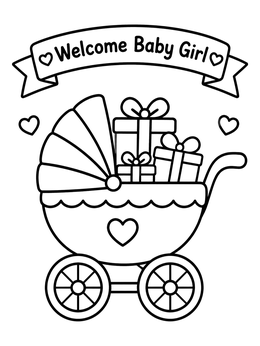 Free printable Baby Carriage With Gifts And Banner coloring page