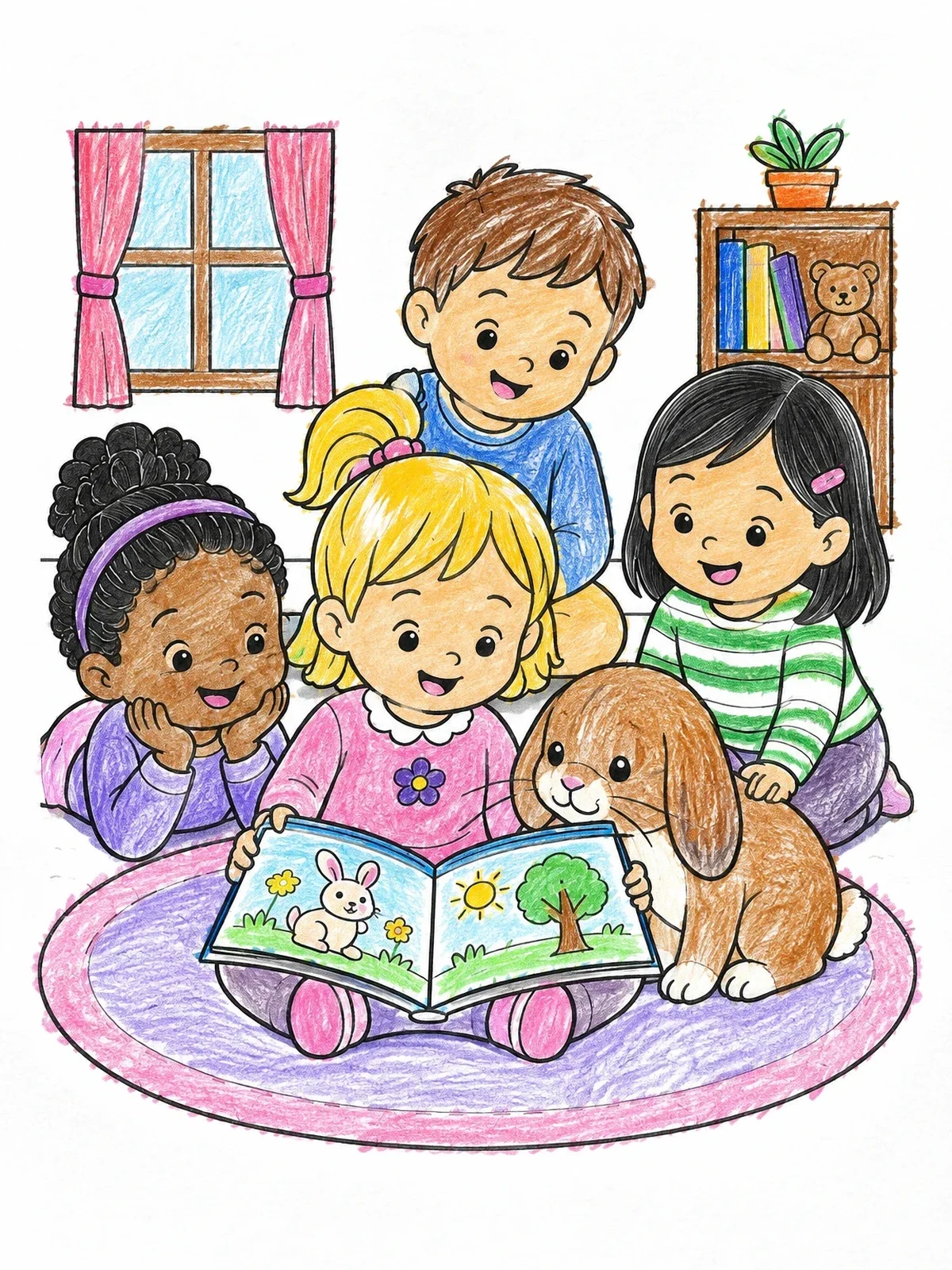 Colored example of the Children And Rabbit Reading Together coloring page