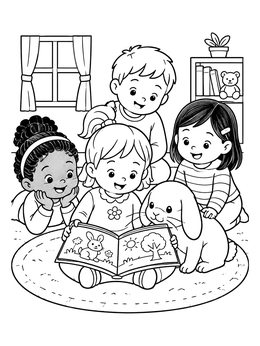 Four happy children enjoy a picture book alongside a lop-eared rabbit in this baby girl coloring page.