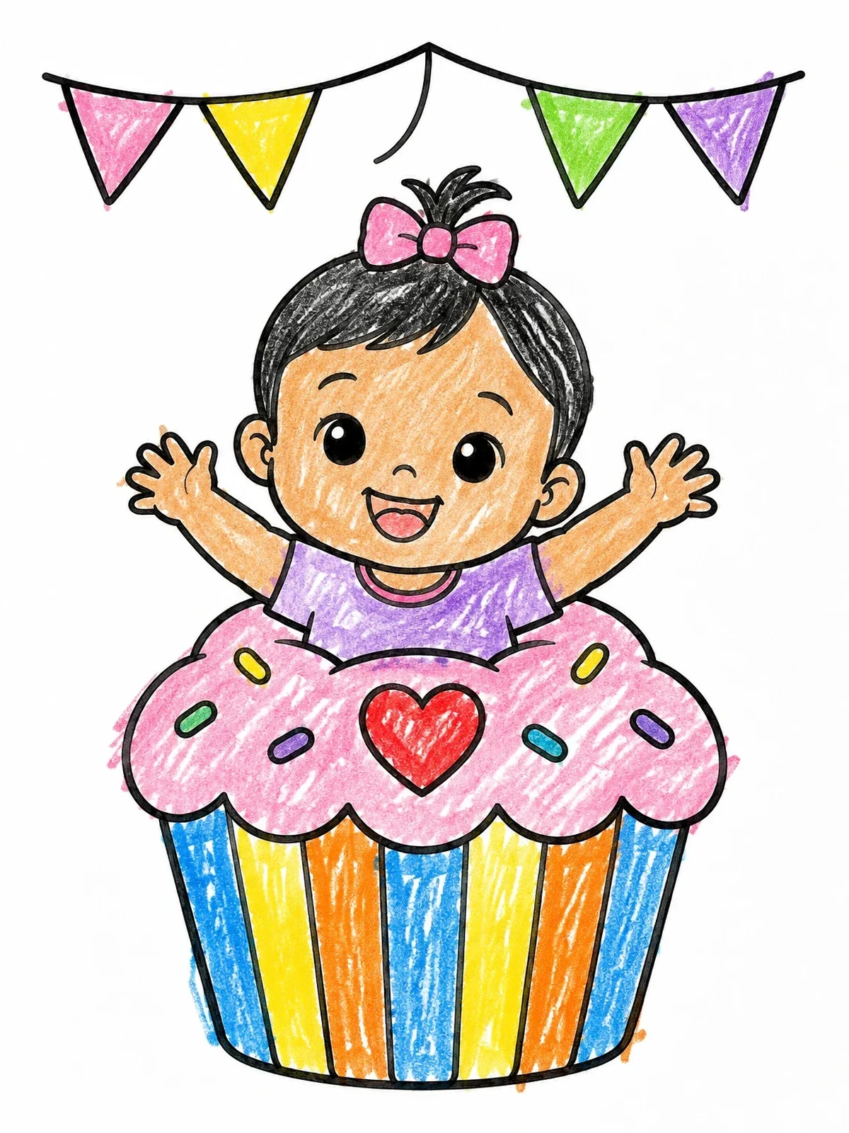 Colored example of the Cheerful Baby Girl In Cupcake coloring page