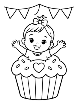 A cheerful baby girl coloring page featuring an infant sitting inside a decorated cupcake with party bunting.