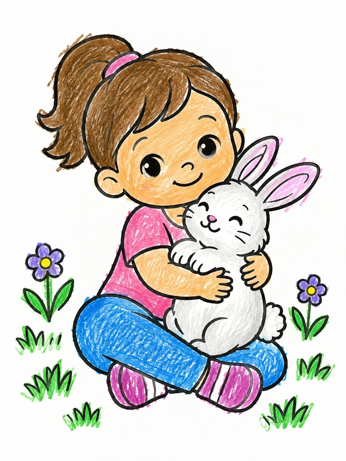 Colored example of the Little Girl Hugging A Bunny coloring page