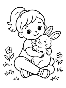 Free printable Little Girl Hugging A Bunny coloring page
