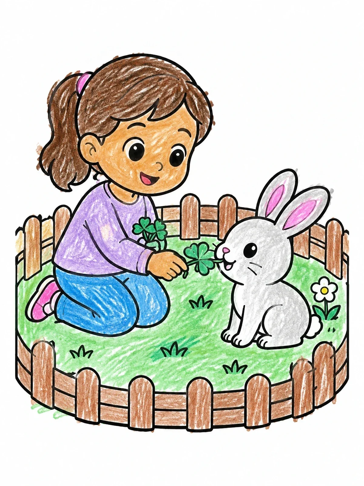 Colored example of the Little Girl Feeding A Bunny coloring page
