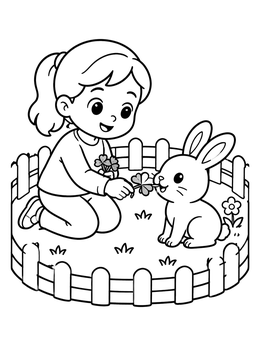 A cute toddler girl feeding clover to a bunny inside a small fence on this baby girl coloring page.