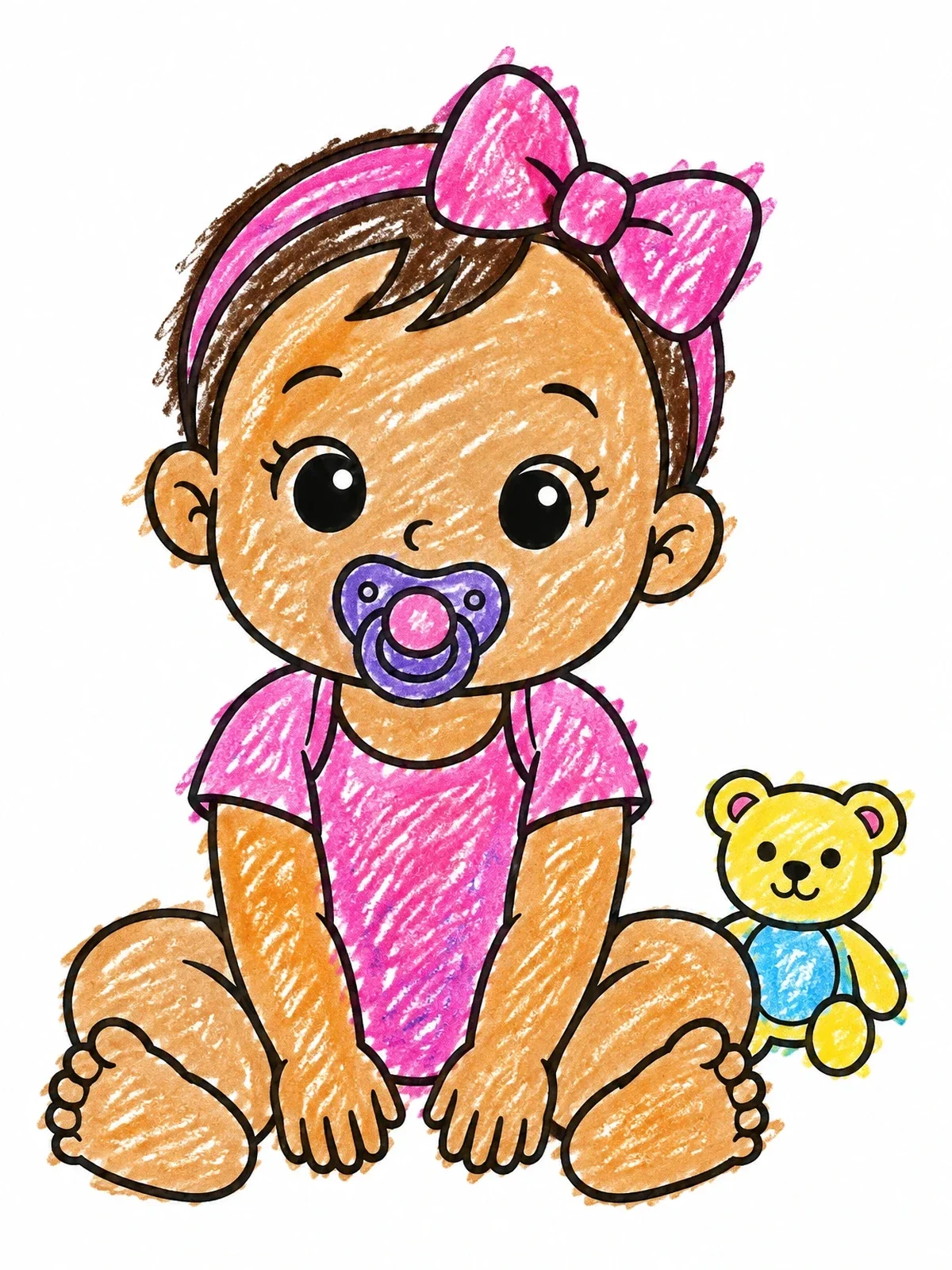 Colored example of the Cute Baby Girl With Pacifier And Teddy coloring page