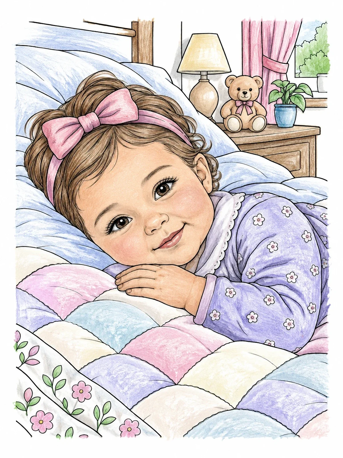 Colored example of the Baby Girl Resting On Quilted Blanket coloring page