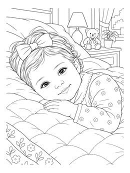 A sweet baby girl coloring page featuring an infant resting peacefully on a soft quilted bed.