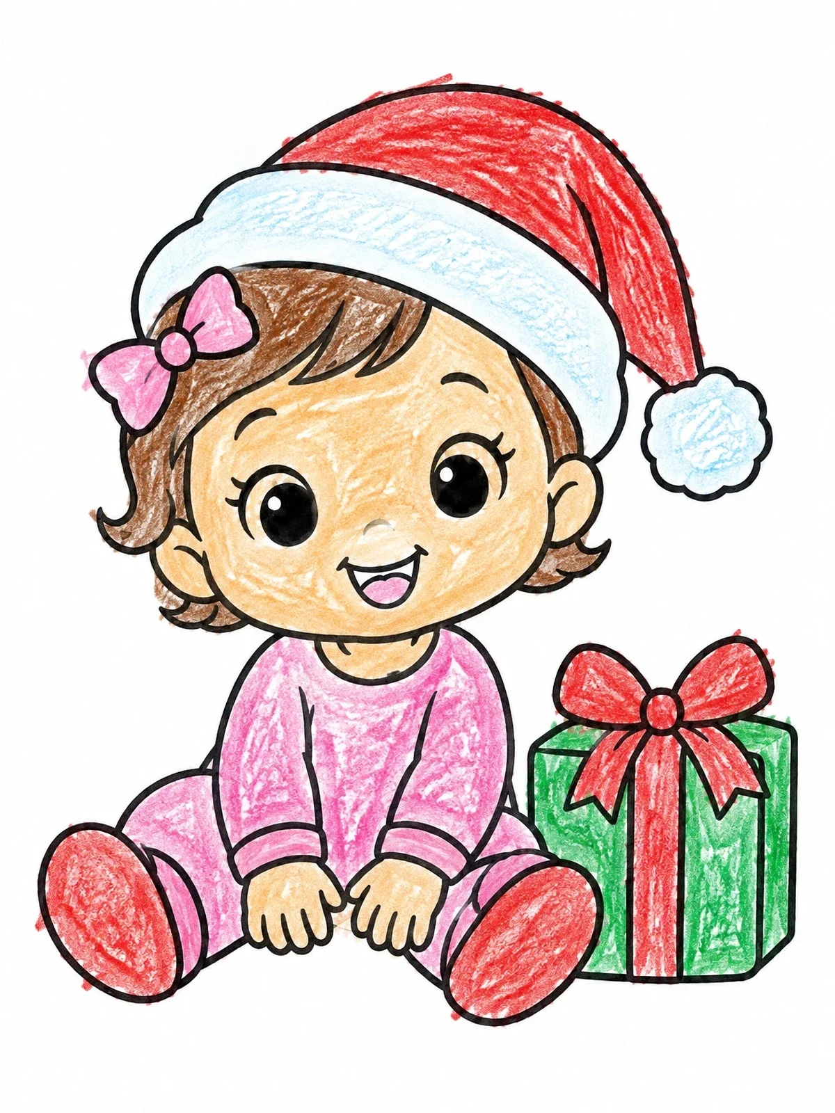 Colored example of the Baby Girl With Santa Hat And Present coloring page