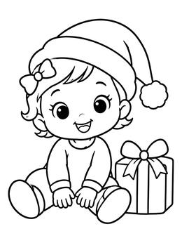 A cheerful baby girl coloring page with a Santa hat and a gift box.