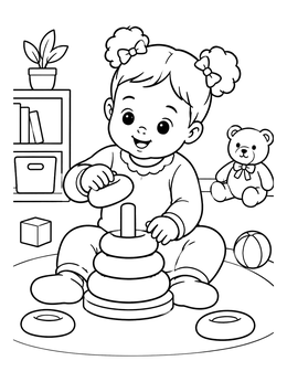 A cheerful baby girl coloring page showing her stacking rings on a peg with toys around.