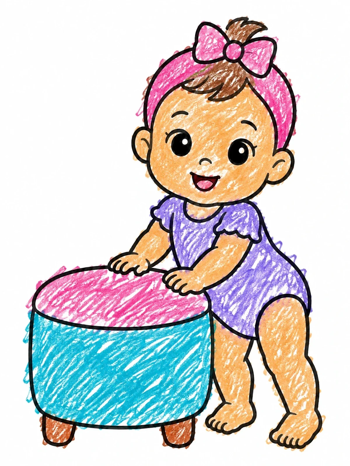 Colored example of the Cute Baby Girl Standing By Ottoman coloring page