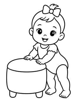 A cheerful baby girl coloring page featuring a toddler standing by an ottoman.