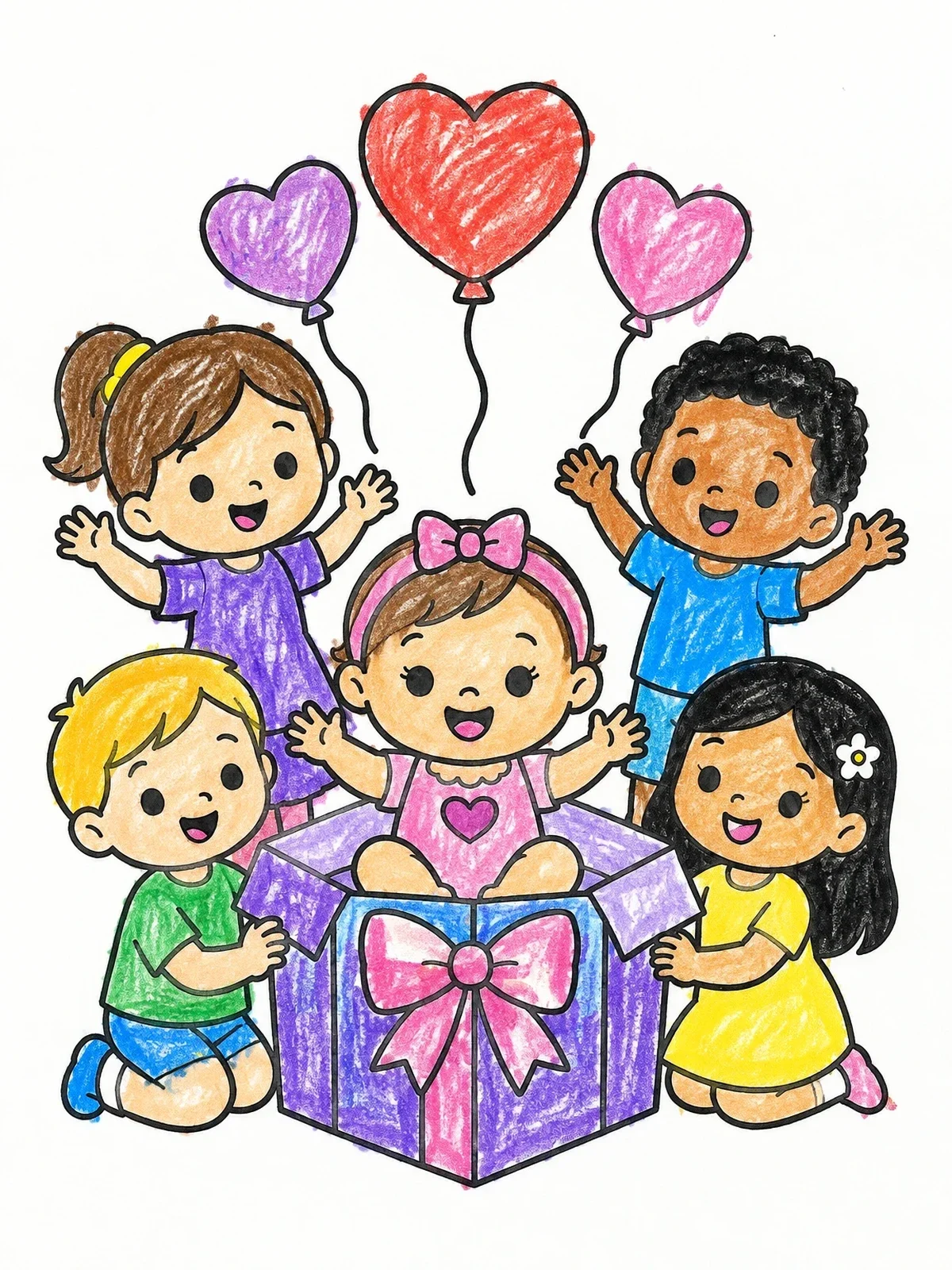 Colored example of the Baby Girl Surprise In Gift Box coloring page