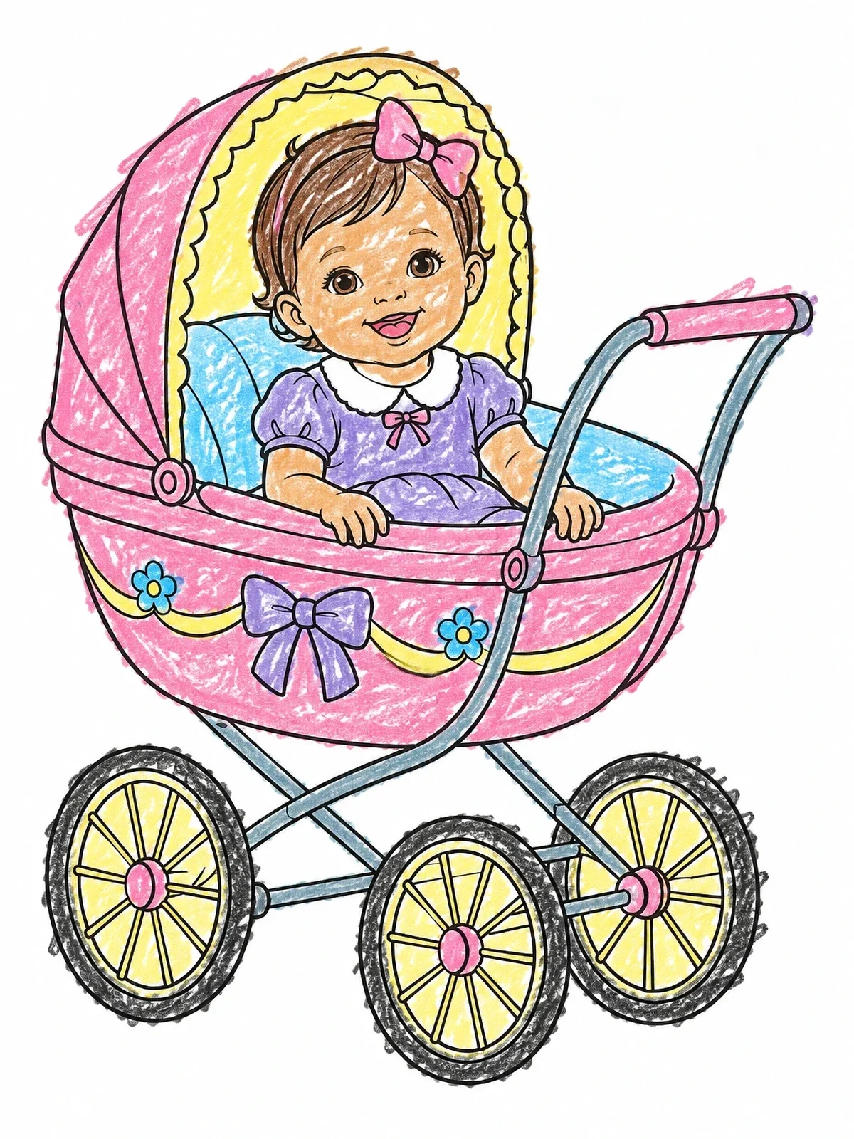 Colored example of the Baby Girl In A Vintage Stroller coloring page