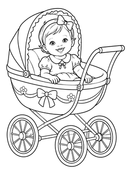 A cheerful baby girl coloring page featuring a smiling infant sitting in an ornate vintage stroller.