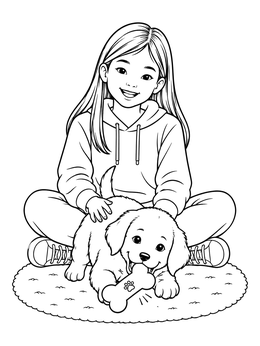 A smiling girl petting her pup on this cute baby coloring page.