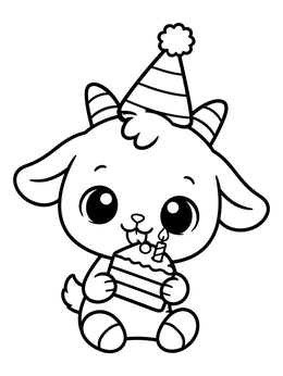 A cute baby goat coloring page showing a kid in a party hat holding birthday cake.
