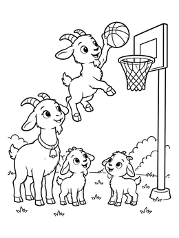 A cheerful baby goat coloring page showing a kid dunking a basketball for its family.