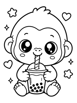 A cute gorilla coloring page showing a baby gorilla drinking boba tea with hearts and stars.