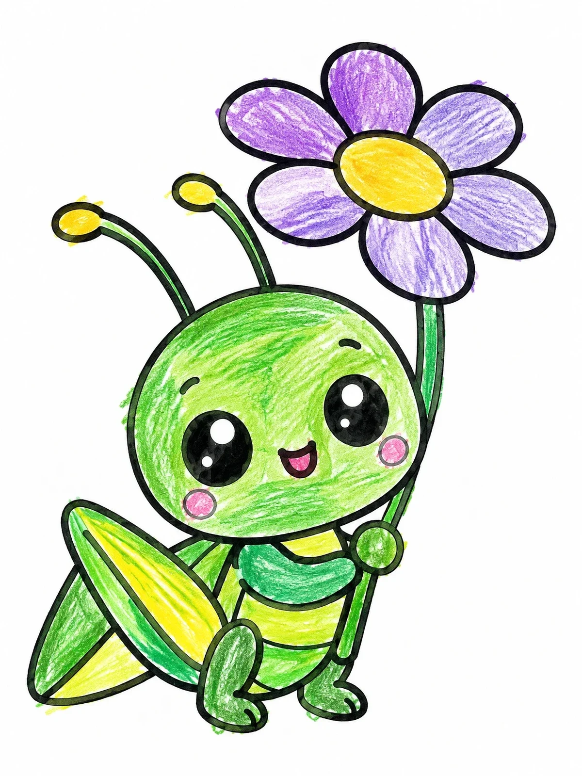 Colored example of the Cute Baby Grasshopper Holding Flower coloring page