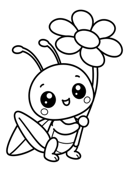 Free printable Cute Baby Grasshopper Holding Flower coloring page